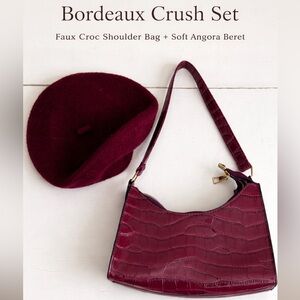 Burgundy Croc-Embossed Handbag and Beret Set